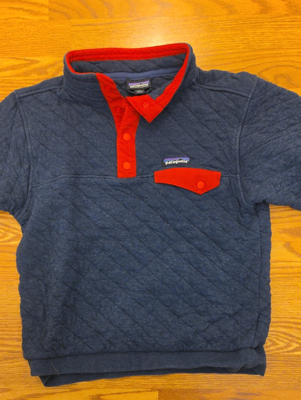 Patagonia Kids Quilted Navy Pullover with Red Snap Accents